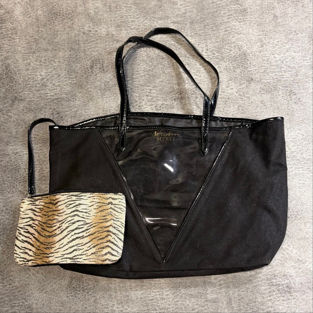 Victorias Secret Black Shimmering Tote with Pouch